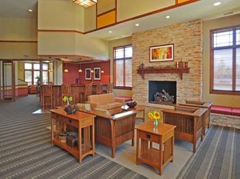 Craftsmen designed clubhouse with fireplace